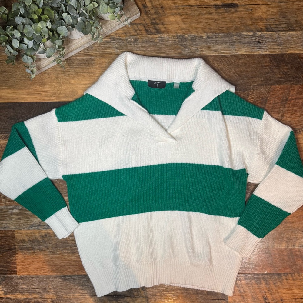Tahari Green and White Striped Shawl Collar Sweater